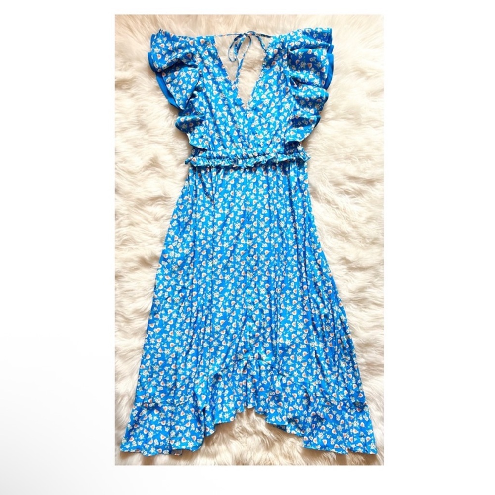 New! SENLIS Amalie Blue Floral Ruffle Midi Dress with Open Back - Picture 7 of 13